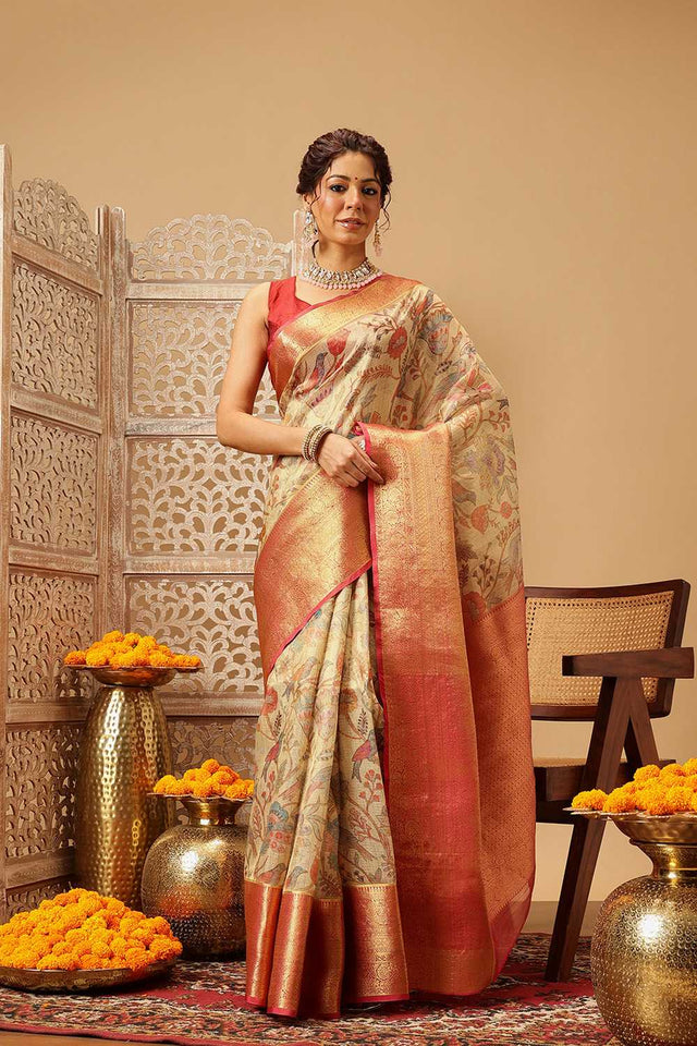 Beige Animal Printed Muga Silk Saree