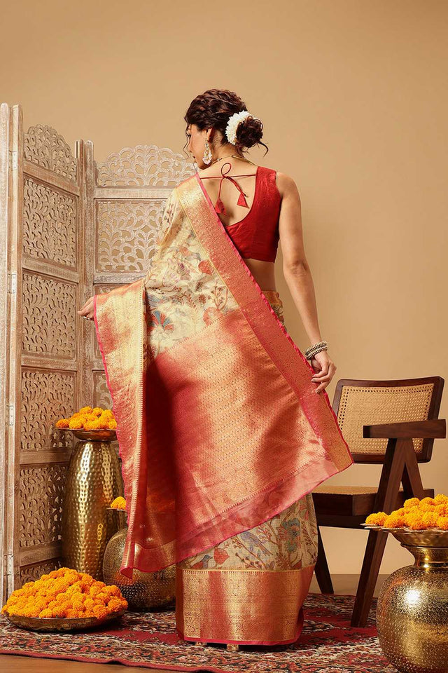 Beige Animal Printed Muga Silk Saree