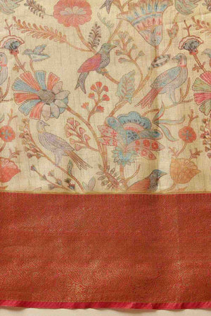 Beige Animal Printed Muga Silk Saree