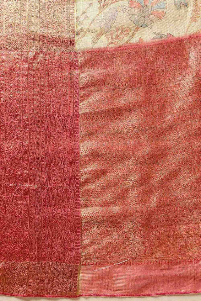 Beige Animal Printed Muga Silk Saree