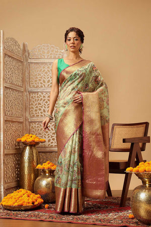 Green Animal Printed Muga Silk Saree