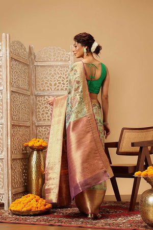 Green Animal Printed Muga Silk Saree