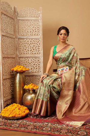 Green Animal Printed Muga Silk Saree