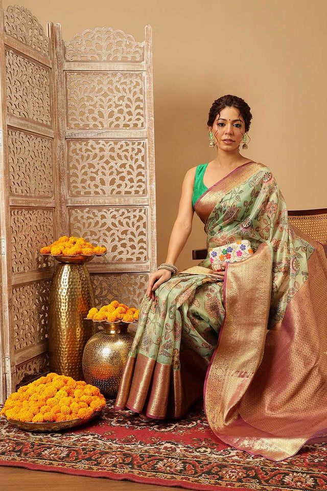 Green Animal Printed Muga Silk Saree