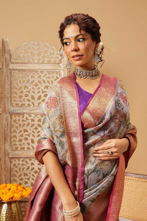 Lavender Animal Printed Muga Silk Saree