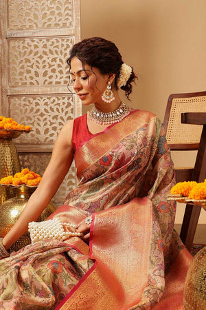 Peach Animal Printed Muga Silk Saree