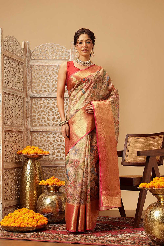 Peach Animal Printed Muga Silk Saree