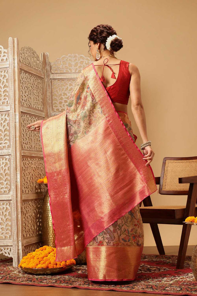 Peach Animal Printed Muga Silk Saree