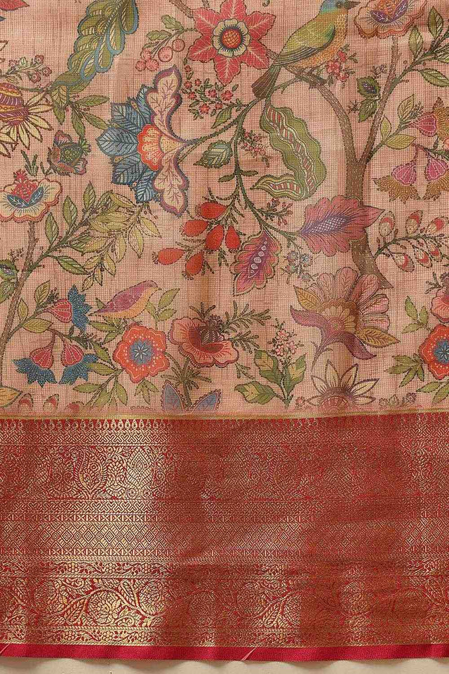 Peach Animal Printed Muga Silk Saree