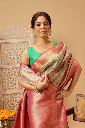 Pink Animal Printed Muga Silk Saree
