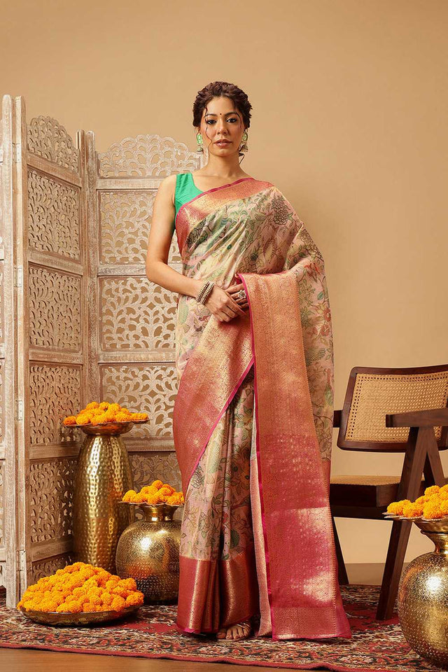 Pink Animal Printed Muga Silk Saree