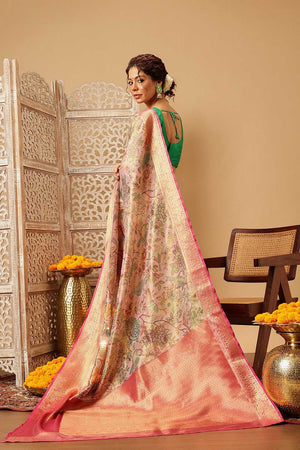 Pink Animal Printed Muga Silk Saree