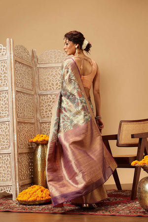 Beige Animal Printed Muga Silk Saree