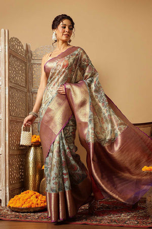 Beige Animal Printed Muga Silk Saree