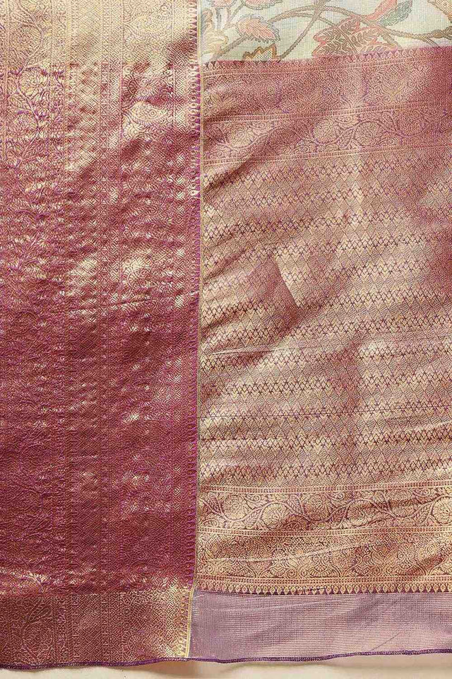 Beige Animal Printed Muga Silk Saree