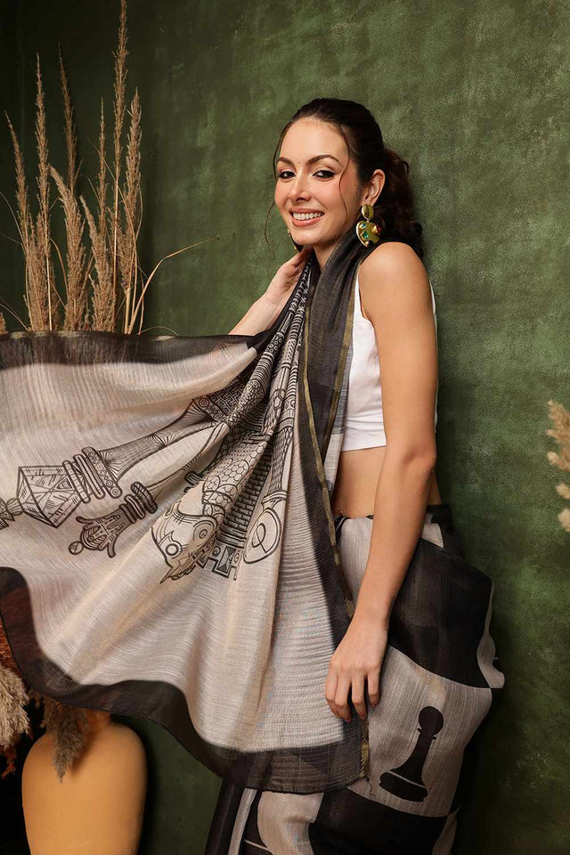 Black Chanderi Abstract Printed Cotton  Saree