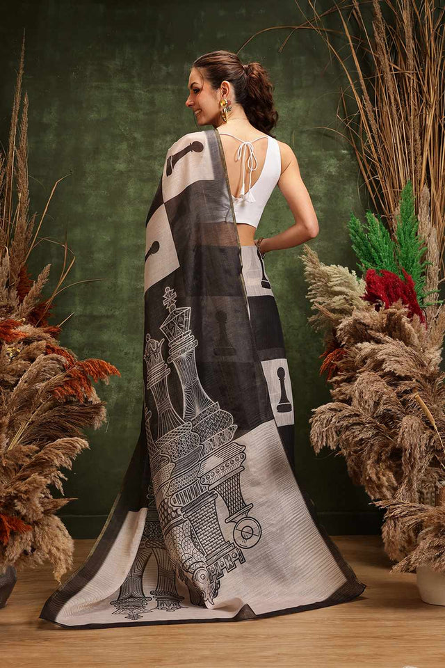 Black Chanderi Abstract Printed Cotton  Saree