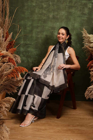 Black Chanderi Abstract Printed Cotton  Saree