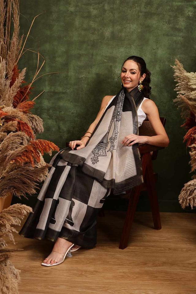 Black Chanderi Abstract Printed Cotton  Saree