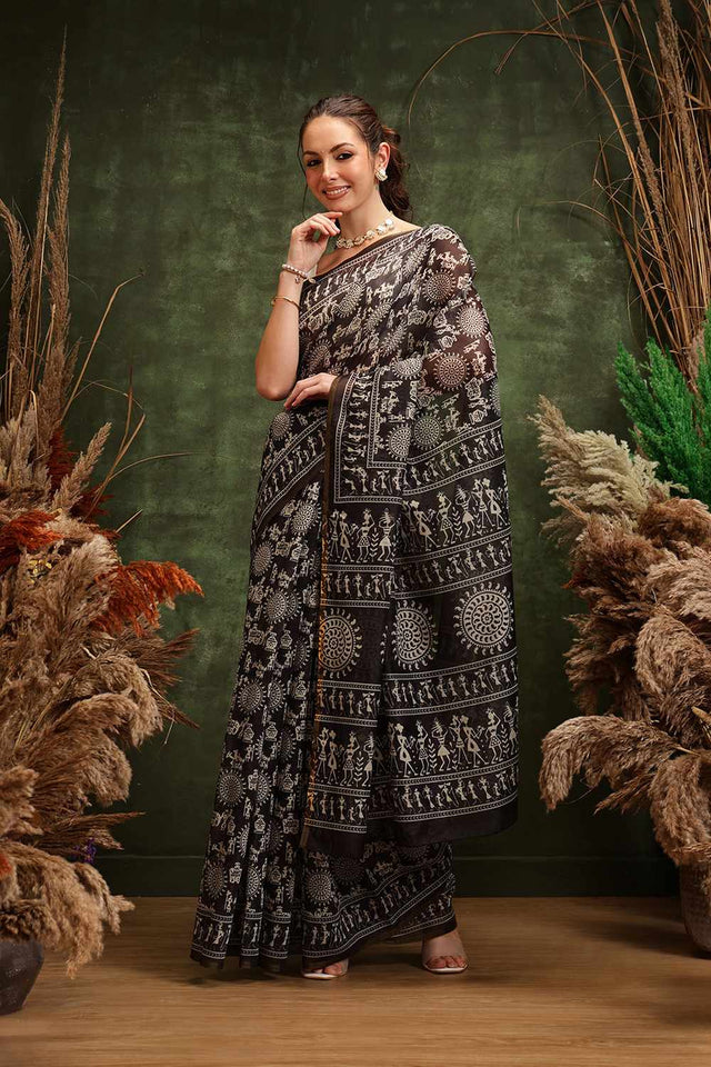 Black Chanderi Warli Printed Cotton  Saree