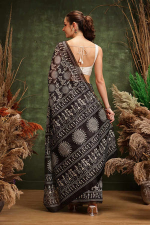 Black Chanderi Warli Printed Cotton  Saree