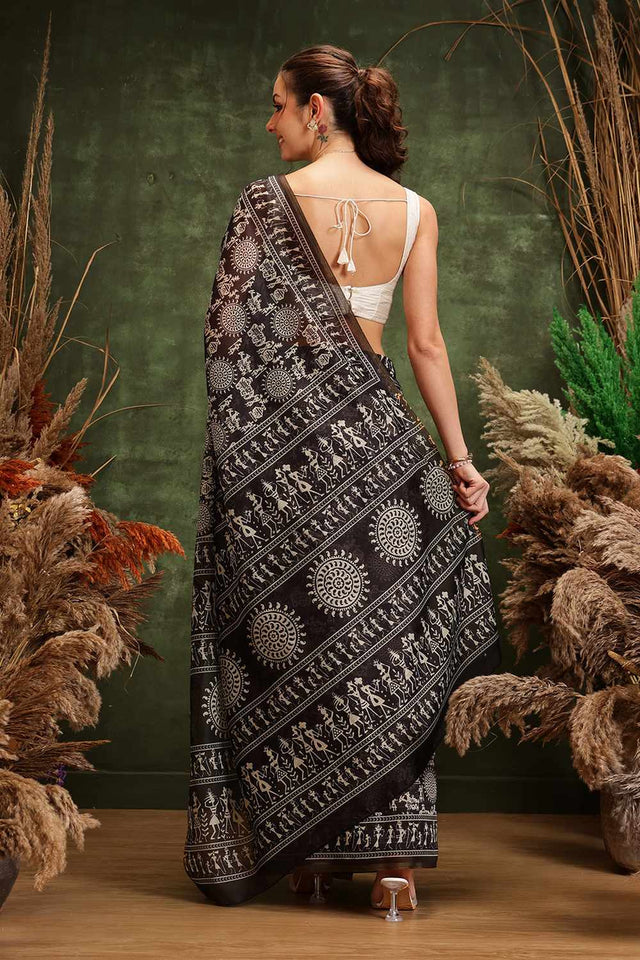 Black Chanderi Warli Printed Cotton  Saree