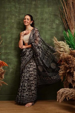 Black Chanderi Warli Printed Cotton  Saree