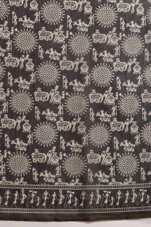 Black Chanderi Warli Printed Cotton  Saree