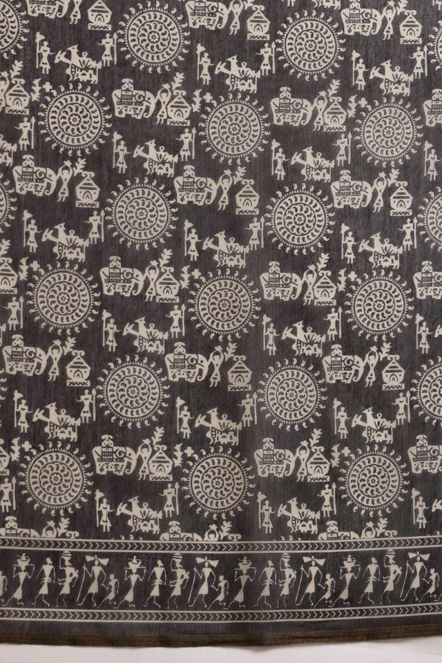 Black Chanderi Warli Printed Cotton  Saree