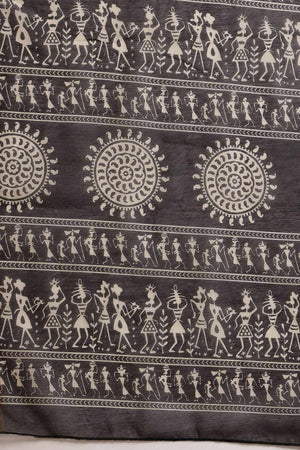 Black Chanderi Warli Printed Cotton  Saree