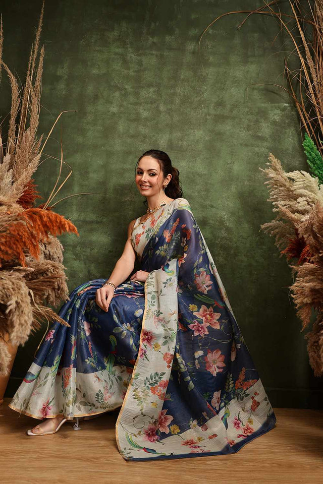 Blue Chanderi Floral Printed Cotton  Saree