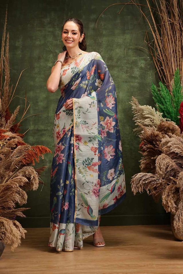 Blue Chanderi Floral Printed Cotton  Saree