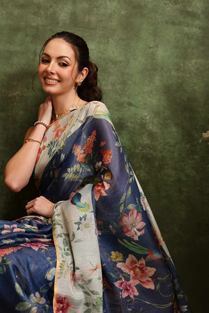Blue Chanderi Floral Printed Cotton  Saree