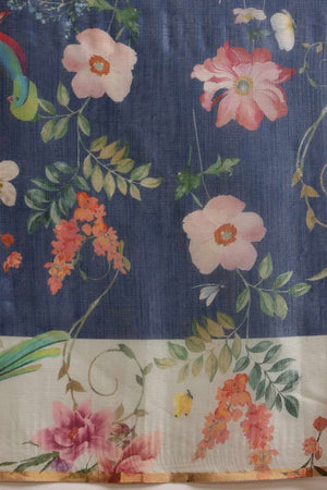 Blue Chanderi Floral Printed Cotton  Saree