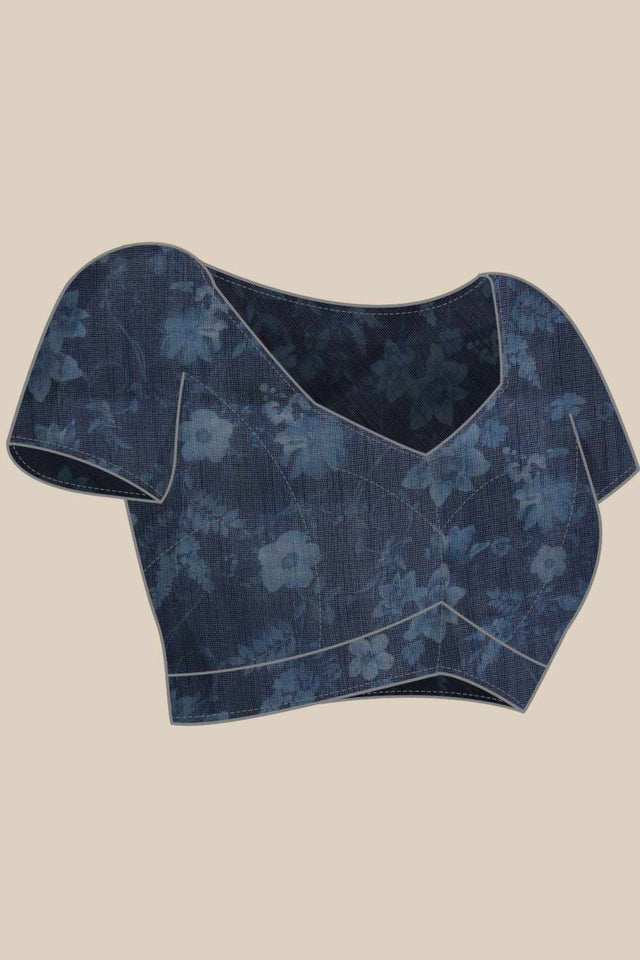 Blue Chanderi Floral Printed Cotton  Saree