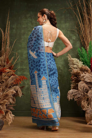 Blue Chanderi Abstract Printed Cotton  Saree
