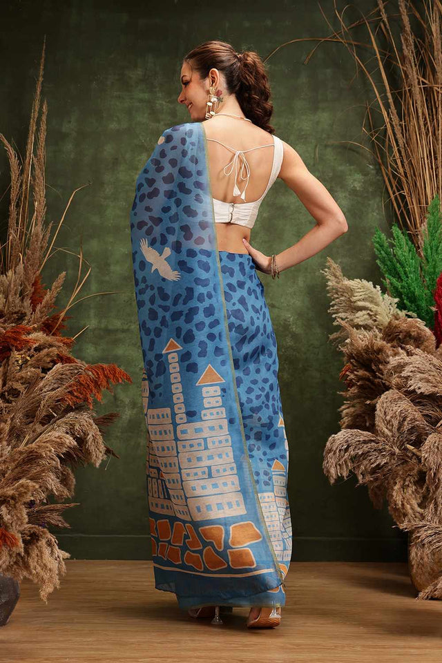 Blue Chanderi Abstract Printed Cotton  Saree