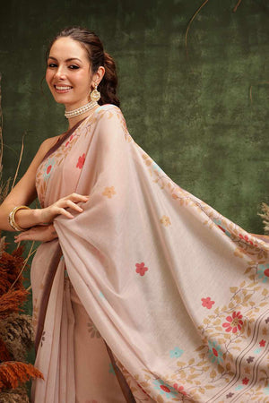 Orange Chanderi Floral Printed Cotton  Saree