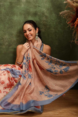 Beige Chanderi Floral Printed Cotton  Saree