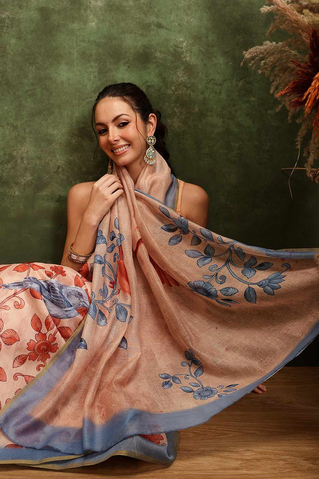 Beige Chanderi Floral Printed Cotton  Saree