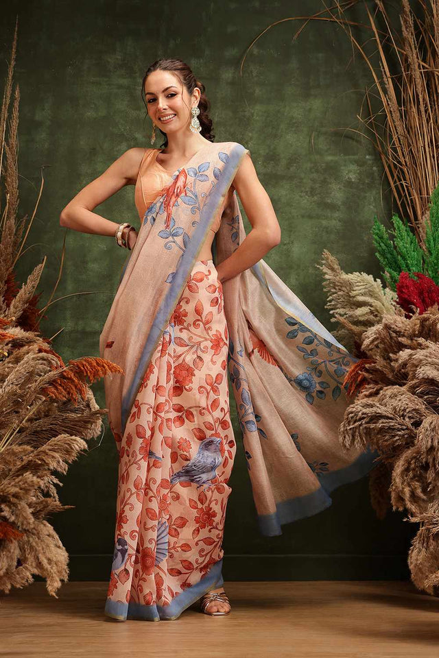 Beige Chanderi Floral Printed Cotton  Saree