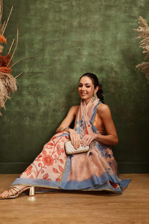 Beige Chanderi Floral Printed Cotton  Saree