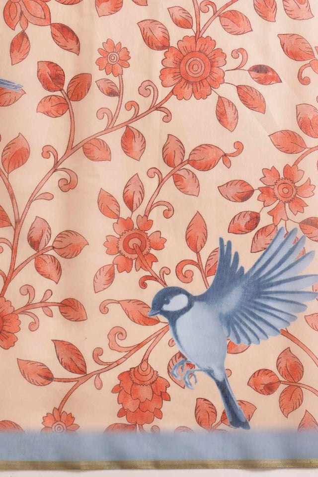 Beige Chanderi Floral Printed Cotton  Saree