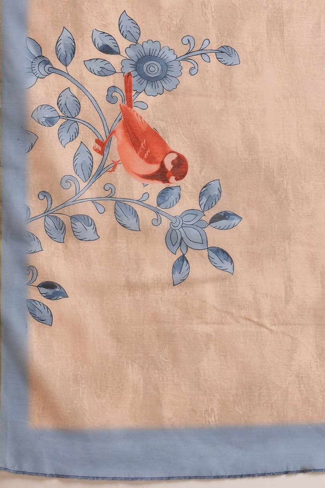 Beige Chanderi Floral Printed Cotton  Saree