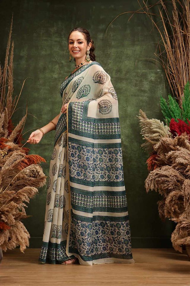 White Chanderi Abstract Printed Cotton  Saree