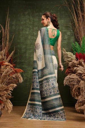 White Chanderi Abstract Printed Cotton  Saree