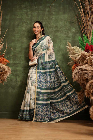 White Chanderi Abstract Printed Cotton  Saree