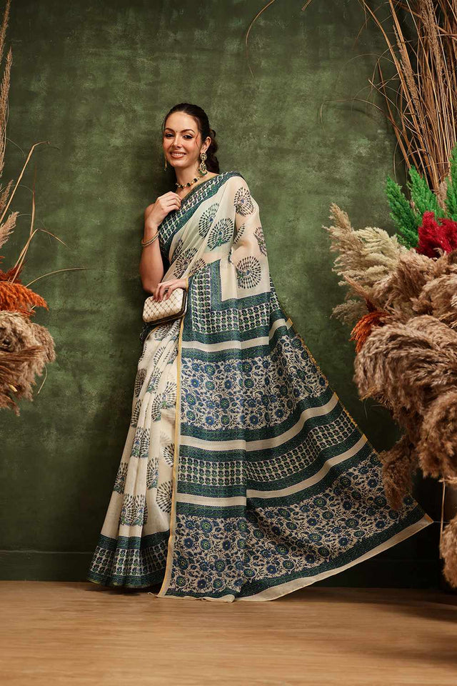 White Chanderi Abstract Printed Cotton  Saree