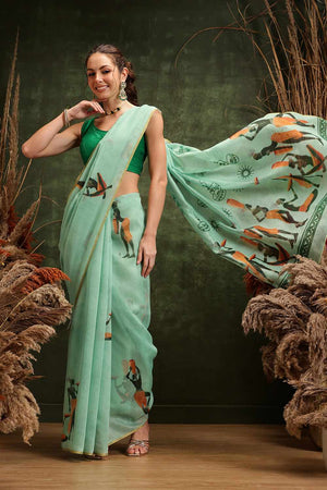 Green Chanderi Abstract Printed Cotton  Saree