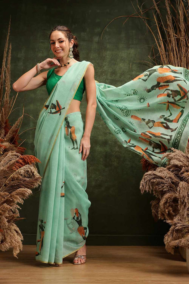 Green Chanderi Abstract Printed Cotton  Saree